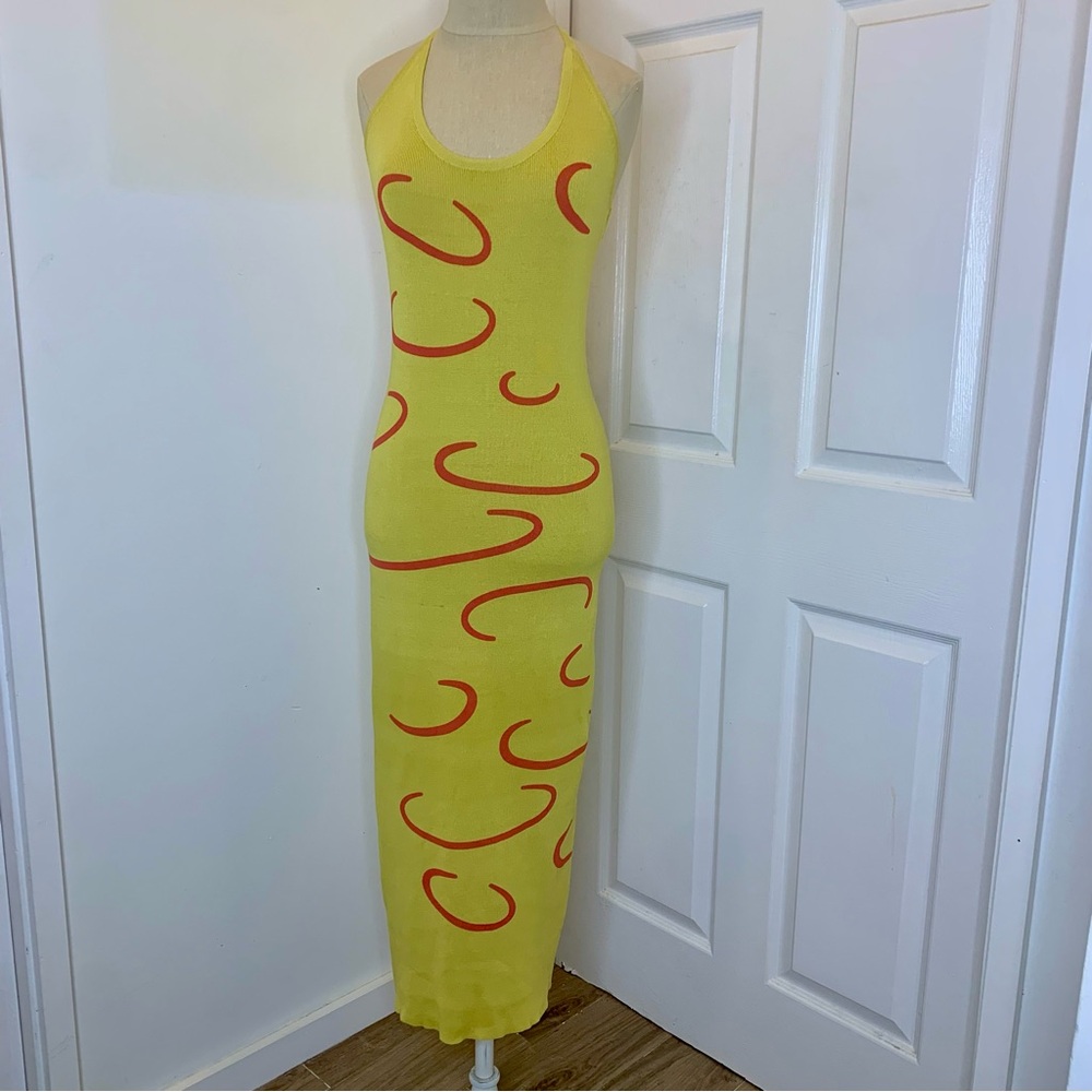 Yellow & Pink Swirl Print Tie Back Halter Knit Summer Dress size Small